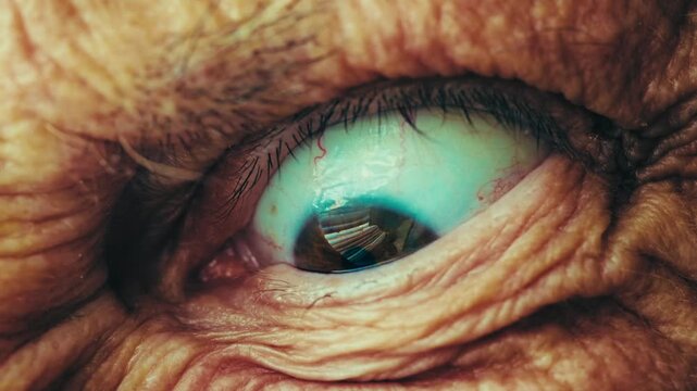 Macro close up of an older person's eye with fast, jerky, unsettling movements, creating a demonic and evil stare. Intense horror concept of a scary creature or monstrous presence looking at you. 4k.