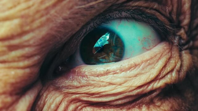 Macro close up of an older person's eye with fast, jerky, unsettling movements, creating a demonic and evil stare. Intense horror concept of a scary creature or monstrous presence looking at you. 4k.