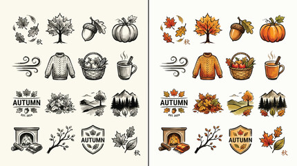 Collection of Autumnal Icons and Illustrations Featuring Seasonal Elements. © Renald