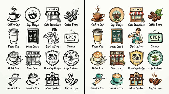 Collection of coffee shop icons and symbols, including coffee cups, beans, storefronts, and signage.