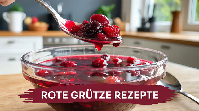 A close-up food photography shot of a glass bowl filled with red berry compote