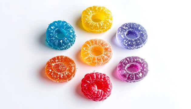 Arrangement of colorful gummy candies dusted with sugar arranged in a circle on a white background, studio shot