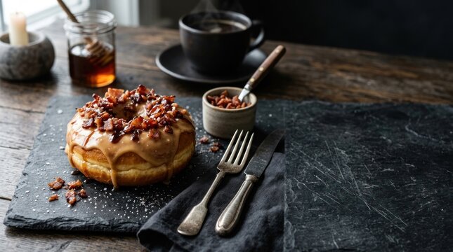 Gourmet maple bacon donut on dark moody slate