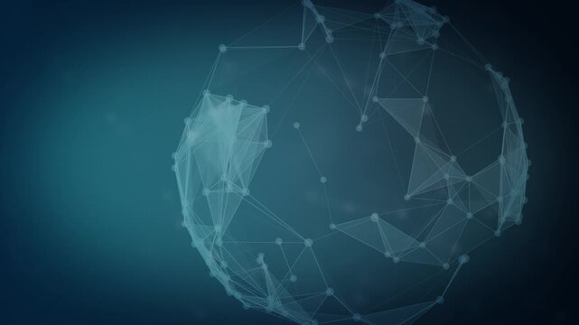 Seamless loop animation of a 3D sphere made of glowing nodes and lines, representing global technology, data communication concepts, and digital intelligence. Wide screen format.