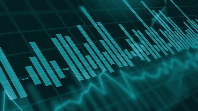 Dynamic green bars and data lines representing financial growth or audio spectrum analysis. Clean technology and business concept animation.
