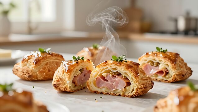 Freshly baked friand au jambon with ham and cheese in a kitchen