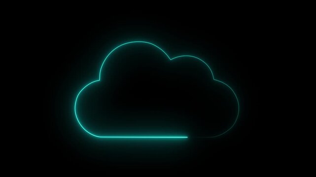 Cloud computing glowing neon Downloading icon animation on black background. Glowing neon cloud storage with arrows, looped animation. Cloud space and technology, data backup icon.