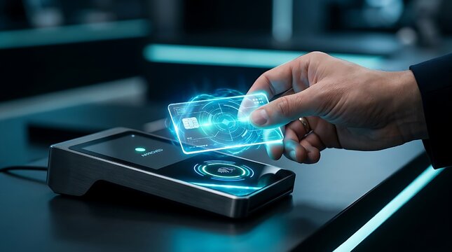 Contactless payment transaction with a digital credit card or identification card being scanned by a terminal