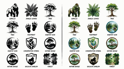 Collection of nature and wildlife conservation icons, including gorillas, trees, footprints, and forest scenes. © Renald