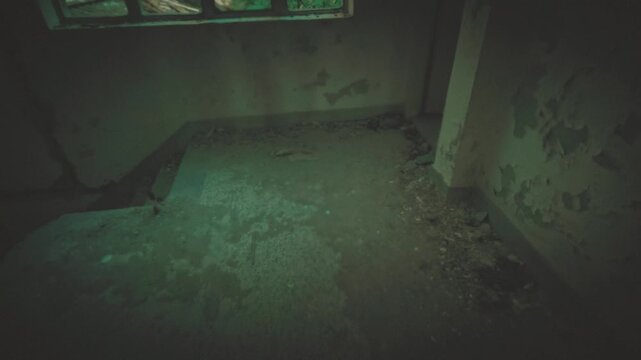 First-person horror perspective showing a violent impact where the character is hit, camera spinning rapidly before dropping to the floor. High-tension thriller, dynamic motion, dramatic camera shake,