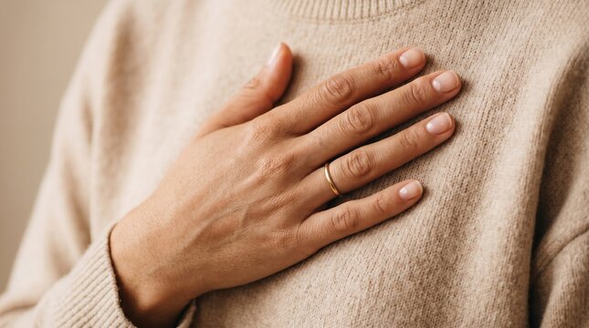 Woman Hand on Chest Expressing Sincerity and Gratitude