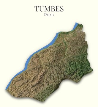 Tumbes, Peru Relief Map. Hillshaded physical map. Shaded Terrain illustration of Tumbes, Peru. Elements of this image derrived from NASA imagery and SRTM dataset.