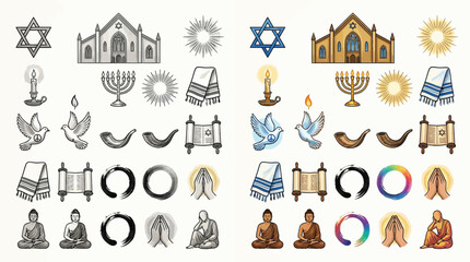 Naklejka premium Collection of Religious Symbols and Icons Representing Diverse Faiths and Beliefs.