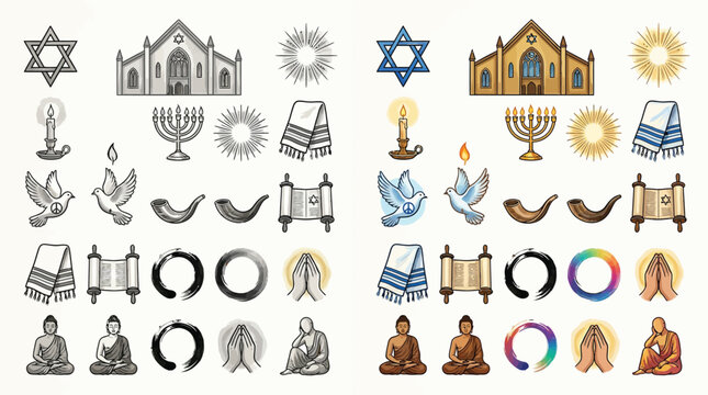Collection of Religious Symbols and Icons Representing Diverse Faiths and Beliefs.
