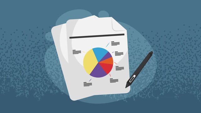 Data analysis and growth report footage with pie chart and stylus pen on a blue background.