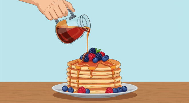 Vector illustration of a hand pouring maple syrup from a glass pitcher onto a tall stack of pancakes topped with fresh mixed berries including blueberries and raspberries on a plate
