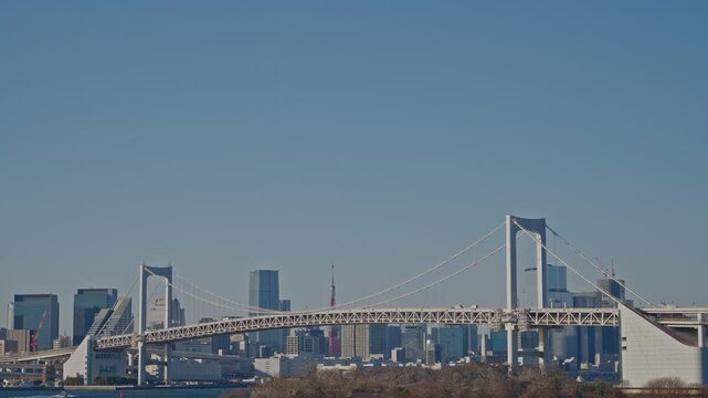 Rainbow Bridge's full white span crosses Tokyo Bay with a red tower and dense city skyline behind, a wooded island below, captured as a static medium wide shot in clear daylight.