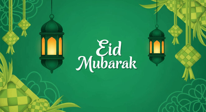 Green Eid Mubarak background featuring hanging traditional lanterns and ketupat decorations. White cursive typography centered with Islamic mandala patterns on the borders.