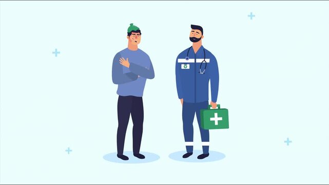 sick patient with beanie and medical professional with first aid kit, animated footage showing healthcare assistance.