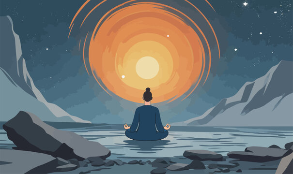 Meditative Practice By Lakeside Mountain Night Scenery