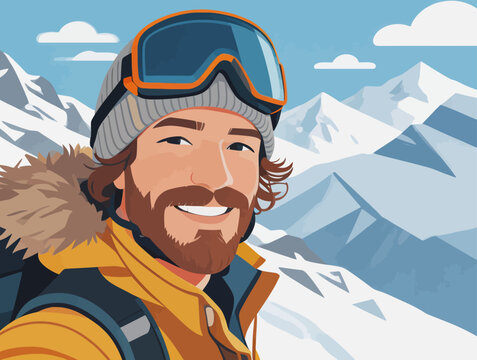 Smiling Male Mountaineer Posing in Snowy Mountain Range