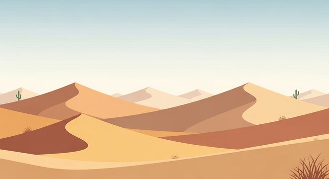 Panoramic desert landscape with rolling sand dunes and saguaro cacti under a clear sky