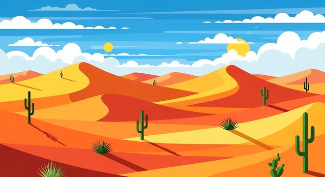 Panoramic Sunny Desert Landscape with Rolling Sand Dunes and Green Cacti under a Blue Sky