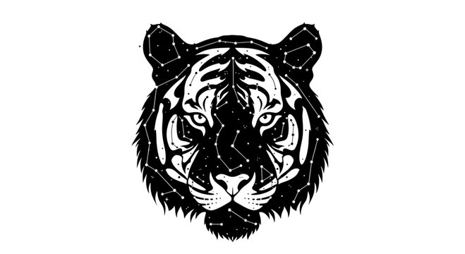Tiger head silhouette with celestial stars and constellations