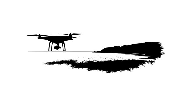 Quadcopter drone silhouette flying above coastal shoreline landscape