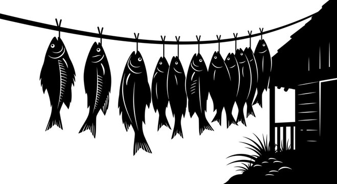 Dried fish hanging on a rope outside a traditional shack