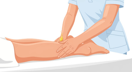 Fototapeta premium Close-up vector illustration of a professional therapist applying yellow oil to a person's lower leg and calf during a massage session on a white table in a wellness clinic.