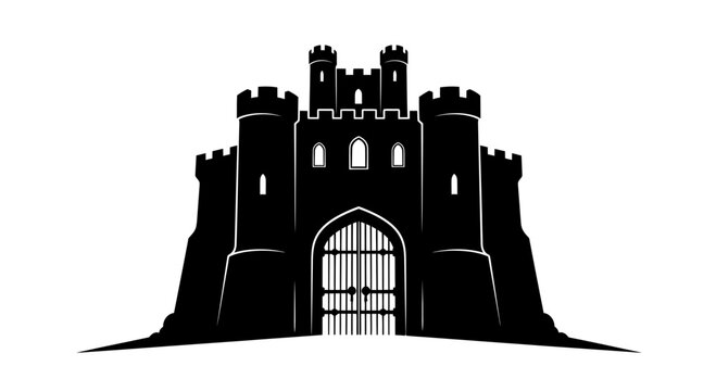 Majestic Medieval Fortress Silhouette on White Background