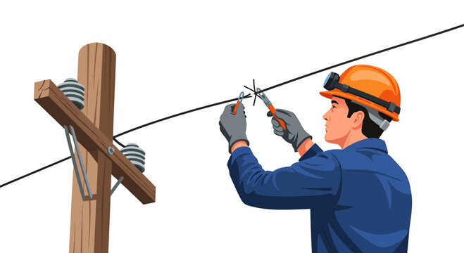Lineman repairing power cable on utility pole with tools