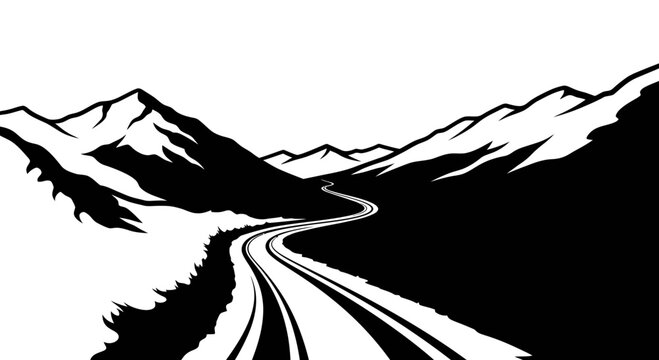 Winding mountain road landscape in monochrome silhouette