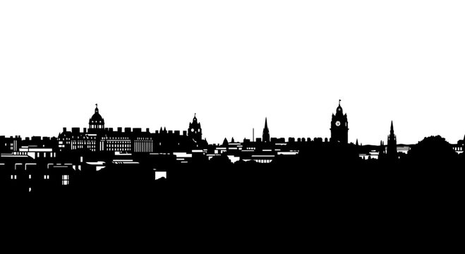 Historic European city skyline silhouette with clock tower