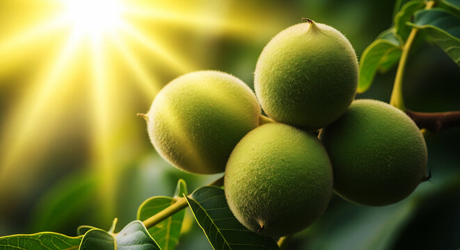 Four fuzzy green walnuts on a branch bathed in bright sunlight fruit