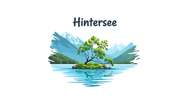 Alpine lake with tree on small island and mountain peaks Hintersee