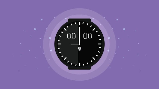 A motion graphic animation of a black stopwatch with white numbers and hands appears from the center of the frame against a purple background with light purple dots.