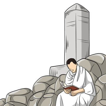 Man reading a holy book on rocks with jabal rahmah in the background