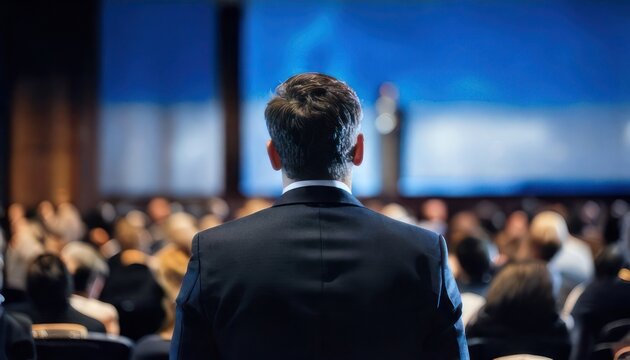 Speaker addressing a large audience at a conference event.