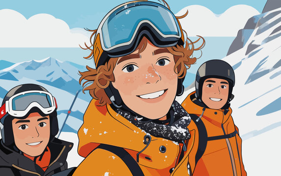 Three Young Skiers Posing On Snowy Mountain Slopes