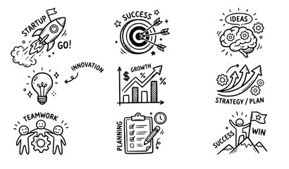 Business startup doodle icon set vector with rocket target and strategy symbols isolated on white background © Md