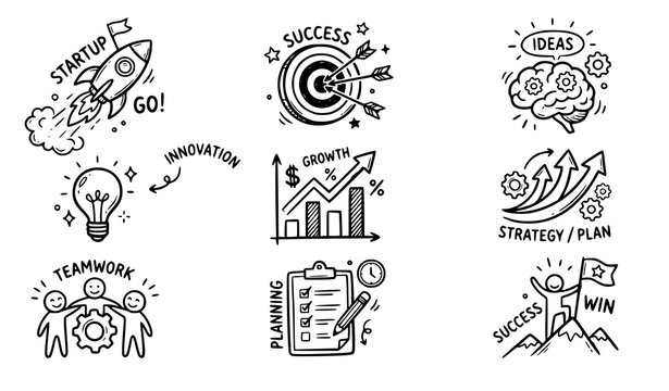 Business startup doodle icon set vector with rocket target and strategy symbols isolated on white background