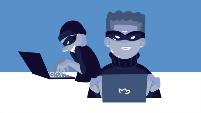 Two male hackers with face masks typing on laptops committing cyber crimes and stealing data motion graphics.