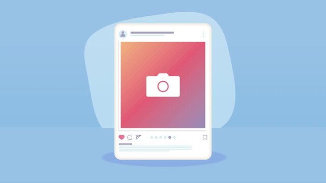 Smartphone showing social media mobile application interface with camera icon on gradient photo frame.