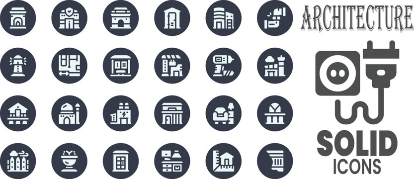 Architecture and Construction Solid Glyph Icons Set for Building Plan and Engineering Project Vector Symbols