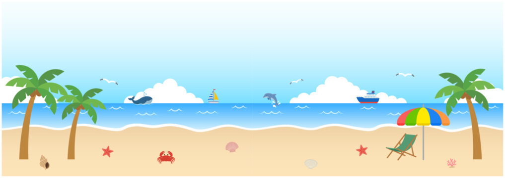 真夏の海の背景フレーム横長バナー｜青い海と空が広がるビーチのフラットイラスト