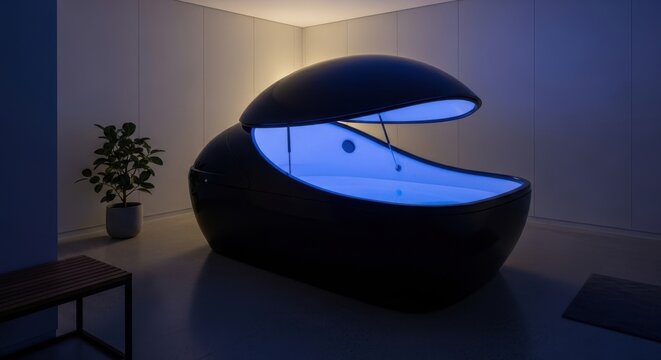 A Modern Sensory Deprivation Float Tank With Soothing Blue Interior Lighting.