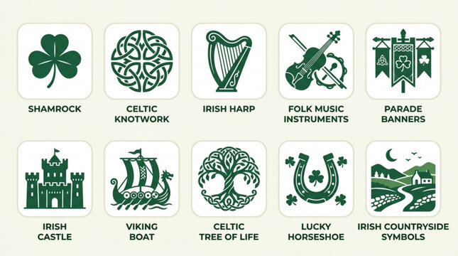 Irish cultural festival icon pack featuring shamrock celtic knotwork harp folk music parade banners castle viking boat tree of life horseshoe countryside symbols