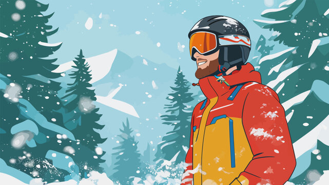 Male Skier Enjoying Snowy Mountain Forest Resort